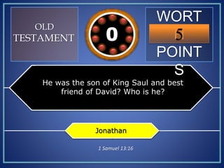 WORT
H
POINT
S
5109876543210
OLD
TESTAMENT
He was the son of King Saul and best
friend of David? Who is he?
Jonathan
1 Samuel 13:16
 