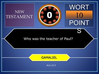 WORT
H
POINT
S
10109876543210
NEW
TESTAMENT
Who was the teacher of Paul?
GAMALIEL
Acts 22:3
 