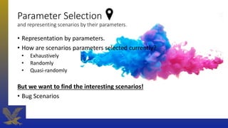 Parameter Selection
and representing scenarios by their parameters.
• Representation by parameters.
• How are scenarios parameters selected currently?
• Exhaustively
• Randomly
• Quasi-randomly
But we want to find the interesting scenarios!
• Bug Scenarios
 