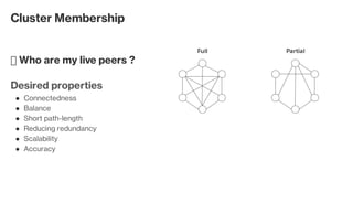 Cluster Membership
 Who are my live peers ?
Desired properties
Connectedness●
Balance●
Short path-length●
Reducing redundancy●
Scalability●
Accuracy●
Full Partial
 