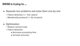 SWIM is trying to ...
Separate two problems and solve them one-by-one●
Failure detection (👉 “live” peers)○
Membership protocol (👉 list of peers)○
Optimization●
Reduce network load○
Failure detection○
decrease processing time●
increase accuracy●
 
