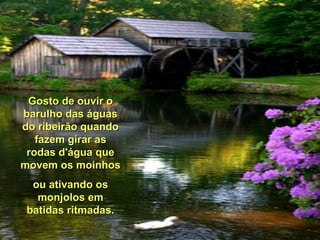 Gosto de ouvir oGosto de ouvir o
barulho das águasbarulho das águas
do ribeirão quandodo ribeirão quando
fazem girar asfazem girar as
rodas d'água querodas d'água que
movem os moinhosmovem os moinhos
ou ativando osou ativando os
monjolos emmonjolos em
batidas ritmadas.batidas ritmadas.
 