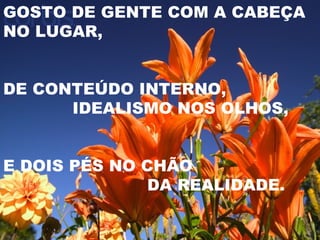 GOSTO DE GENTE COM A CABEÇA NO LUGAR, DE CONTEÚDO INTERNO, IDEALISMO NOS OLHOS, E DOIS PÉS NO CHÃO  DA REALIDADE. 