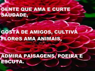 GENTE QUE AMA E CURTE SAUDADE, GOSTA DE AMIGOS, CULTIVA FLOR e S AMA ANIMAIS, ADMIRA PAISAGENS, POEIRA E ESCUTA. 