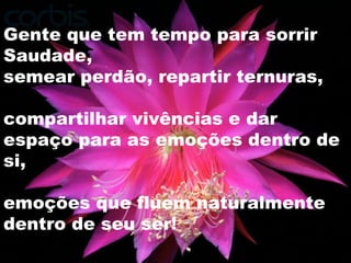 Gente que tem tempo para sorrir Saudade,  semear perdão, repartir ternuras, compartilhar vivências e dar espaço para as emoções dentro de si, emoções que fluem naturalmente dentro de seu ser! 