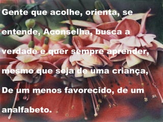 Gente que acolhe, orienta, se entende, Aconselha, busca a verdade e quer sempre aprender, mesmo que seja de uma criança, De um menos favorecido, de um analfabeto. 