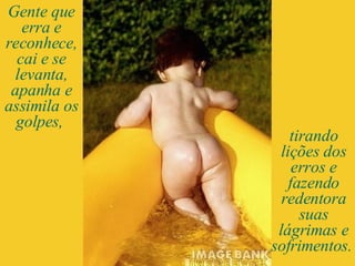 Gente que erra e reconhece, cai e se levanta, apanha e assimila os golpes,  tirando lições dos erros e fazendo redentora suas lágrimas e sofrimentos.  