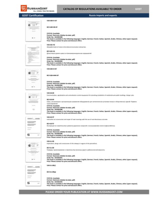 GOST Certification
VSN 61-89(r)
ВСН 61-89(р)
PLEASE ORDER YOUR PUBLICATION AT WWW.RUSSIANGOST.COM
STATUS: Available
Format: Electronic (Adobe Acrobat, pdf)
This book is available in the following languages: English, German, French, Italian, Spanish, Arabic, Chinese, other (upon request).
Price: Please contact for price and discount offers.
Order No.: GS3305292
VSN 60-97
Instruction on construction and repair of road coverings with the use of cast bituminous concrete
ВСН 60-97
Инструкция по строительству и ремонту дорожных покрытий с использованием литого асфальтобетона
STATUS: Available
Format: Electronic (Adobe Acrobat, pdf)
Order No.: GS3305290
This book is available in the following languages: English, German, French, Italian, Spanish, Arabic, Chinese, other (upon request).
Price: Please contact for price and discount offers.
VSN 61-89
Exploration, design and construction of the railways in regions of the permafrost
ВСН 61-89
Разведка, проектирование и строительство железных дорог в районах вечной мерзлоты
STATUS: Available
Format: Electronic (Adobe Acrobat, pdf)
Order No.: GS3305291
This book is available in the following languages: English, German, French, Italian, Spanish, Arabic, Chinese, other (upon request).
Price: Please contact for price and discount offers.
VSN 604-III-87
ВСН 604-ИИИ-87
STATUS: Available
Format: Electronic (Adobe Acrobat, pdf)
Order No.: GS3305285
This book is available in the following languages: English, German, French, Italian, Spanish, Arabic, Chinese, other (upon request).
Price: Please contact for price and discount offers.
VSN 60-89
Communication, signalisation and centralization control equipment for plumbing installation of residential and public buildings. Design rules
ВСН 60-89
Связь, сигнализация и централизации управления оборудование для сантехнических установки жилых и общественных зданий. Правила
проектирования
STATUS: Available
Format: Electronic (Adobe Acrobat, pdf)
Order No.: GS3305288
This book is available in the following languages: English, German, French, Italian, Spanish, Arabic, Chinese, other (upon request).
Price: Please contact for price and discount offers.
CATALOG OF REGULATIONS AVAILABLE TO ORDER GOST
VSN 601-92
Allowable levels of noise at the telecommunication enterprises
ВСН 601-92
Допустимые уровни шума на телекоммуникационном предприятий
STATUS: Available
Format: Electronic (Adobe Acrobat, pdf)
Order No.: GS3305283
This book is available in the following languages: English, German, French, Italian, Spanish, Arabic, Chinese, other (upon request).
Price: Please contact for price and discount offers.
VSN 600-IV-87
ВСН 600-ИВ-87
STATUS: Available
Format: Electronic (Adobe Acrobat, pdf)
Order No.: GS3305280
This book is available in the following languages: English, German, French, Italian, Spanish, Arabic, Chinese, other (upon request).
Price: Please contact for price and discount offers.
Russia imports and exports
 