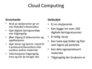 Cloud Computing
Grunntanke
• Bruk av skytjenester gir en
mer fleksibel infrastruktur.
• Gjør digitalt læringsverktøy
mer tilgjengelig
• Øker tilgang til dokumenter og
applikasjoner
• Gjør elever og lærere I stand til
å produsere/konsultere eller
vurdere andres materiale.
• Informasjonen tilgjengelig
hvor og når de trenger det.

GoStudyIt
• Er en skytjeneste
• Kan bygge inn over 250
digitale læringsressurser.
• Er billig i bruk
• Kan laste opp bilder og filer
som lagres på portalen
• Kan dele egenprodusert
materiale
• Tilgjengelig der brukeren er

 