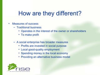 How are they different?
• Measures of success
– Traditional business
• Operates in the interest of the owner or shareholders
• To make profit
– A social enterprise has broader measures
• Profits are invested in social purpose
• Local good-quality employment
• Spending money in the local economy
• Providing an alternative business model
 