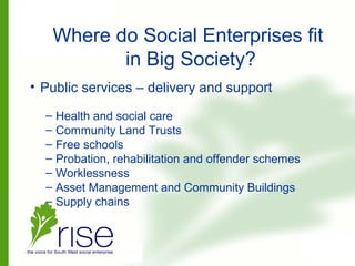 Where do Social Enterprises fit
in Big Society?
• Public services – delivery and support
– Health and social care
– Community Land Trusts
– Free schools
– Probation, rehabilitation and offender schemes
– Worklessness
– Asset Management and Community Buildings
– Supply chains
 