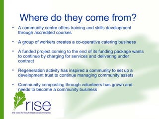 Where do they come from?
• A community centre offers training and skills development
through accredited courses
• A group of workers creates a co-operative catering business
• A funded project coming to the end of its funding package wants
to continue by charging for services and delivering under
contract
• Regeneration activity has inspired a community to set up a
development trust to continue managing community assets
• Community composting through volunteers has grown and
needs to become a community business
 