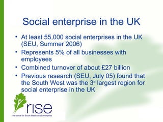 Social enterprise in the UK
• At least 55,000 social enterprises in the UK
(SEU, Summer 2006)
• Represents 5% of all businesses with
employees
• Combined turnover of about £27 billion
• Previous research (SEU, July 05) found that
the South West was the 3rd
largest region for
social enterprise in the UK
 