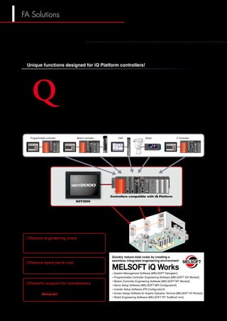 “More Options!”
The GOT2000 engages various industrial devices to support maintenance 	
wReduce spare parts cost
ePowerful support for maintenance
iQ Platform, the next generation integrated platformMitsubishi FA Integrated Platform
optimizes the front line of production
qReduce engineering costs
The FA integrated software suite, MELSOFT iQ Works, in which
the GT Works3 screen design software is included, allows for
efficient design of systems and monitor screens for each controller.
A single GOT2000 can take the place for several types of
monitor units, thus greatly reducing costs for spare parts.
The GOT2000 has a variety of useful maintenance functions
including the “Q motion monitor function” and “CNC monitor
function”. Use these reliable functions for
troubleshooting.
Controllers compatible with iQ Platform
GOT2000
Quickly reduce total costs by creating a
seamless integrated engineering environment
• System Management Software [MELSOFT Navigator]
• Programmable Controller Engineering Software [MELSOFT GX Works2]
• Motion Controller Engineering Software [MELSOFT MT Works2]
• Servo Setup Software [MELSOFT MR Configurator2]
• Inverter Setup Software [FR Configurator2]
• Screen Design Software for Graphic Operation Terminal [MELSOFT GT Works3]
• Robot Engineering Software [MELSOFT RT ToolBox2 mini]
With high speed control and convenience fully assured, controllers compatible with the iQ Platform and the GOT2000
are the keys to higher productivity at lower cost. PLCs, motion controllers, CNCs, robot controllers, and C controllers
are integrated into one as controllers compatible with the iQ Platform. The GOT2000 integrates different types of
monitor units that were previously connected to each controller.
Coming soon
I improved Quality
I intelligent  Quick
I innovation  Quest
CNCProgrammable controller C ControllerRobotMotion controller
Unique functions designed for iQ Platform controllers!
FA Solutions
26
 
