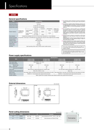 Item Specifications
Operating ambient temperature ]1 0 to 55°C ]2
Storage ambient temperature -20 to 60°C
Operating ambient humidity 10 to 90% RH, non-condensing
Storage ambient humidity 10 to 90% RH, non-condensing
Vibration resistance
Compliant with
JIS B3502 and
IEC61131-2
Frequency Acceleration Half-amplitude Sweep count
Under intermittent
vibration
5 to 8.4Hz – 3.5mm 10 times each
in X, Y and Z
directions8.4 to 150Hz 9.8m/s2
–
Under continuous
vibration
5 to 8.4Hz – 1.75mm
–
8.4 to 150Hz 4.9m/s2
–
Shock resistance Compliant with JIS B3502, IEC 61131-2 (147 m/s2 (15G), 3 times each in X, Y and Z directions)
Operating atmosphere No oily smoke, corrosive gas or combustible gas, less conductive dust, away from direct sunlight (the same in storage)
Operating altitude ]3 2000m or less
Installation location Inside control panel
Overvoltage category ]4 II or less
Pollution level ]5 2 or less
Cooling method Self-cooling
Grounding Type D grounding (100Ω or less). Connect to panel if unable to ground.
]1	 The operating ambient temperature includes the temperature
inside the enclosure of the control panel to which the GOT is
installed.
]2	 The maximum operating ambient temperature should be 5°C
lower than that shown in the table on the left when connecting
to a MELSECNET/H communication unit (GT15-J71LP23-25
or GT15-J71BR13) or CC-Link communication unit (GT15-
J61BT13).
]3	 Do not operate or store the GOT unit in pressurized
environments where the pressure exceeds 0m elevation
atmospheric pressure, as this could result in abnormal
operation. Do not pressurize inside the control panel for air
purge cleaning. The pressure could raise the surface sheet,
making the touch panel difficult to operate or causing the sheet
to come off.
]4	 Assuming that the device is connected at some point
between a public power distribution network and local system
equipment.
	 CategoryII applies to devices that are supplied with power from
fixed equipment. The surge withstand voltage is 2,500V for
devices with ratings up to 300V.
]5	 Index that indicates the level of foreign conductive matter in the
operating environment of the device. Pollution level 2 denotes
an environment contaminated only by non-conductive matter
which may, under certain conditions, become temporarily
conductive due to condensation.
Do not use or store the GOT under direct sun light or in
an environment with excessively high temperature, dust,
humidity or vibration.
For inquiries relating to the status of conforming to UL, cUL,
and CE directives and shipping directives, please contact
your local sales office.
General specifications
GT25
Power supply specifications
Item
Specifications
GT2510-VTBA
GT2510-VTWA
GT2508-VTBA
GT2508-VTWA
GT2510-VTBD
GT2510-VTWD
GT2508-VTBD
GT2508-VTWD
Power supply voltage 100 to 240VAC (+10%, -15%) 24VDC (+25%, -20%)
Power supply frequency 50/60Hz ±5% –
Power
consumption
Maximum load 34W or less 31W or less 33W or less 31W or less
Stand alone 12W 11W 10W 8W
Stand alone with backlight off 7W 7W 6W 6W
Inrush current 60A or less (2ms, ambient temperature 25°C, maximum load) 5A or less (20ms, ambient temperature 25°C, maximum load)
Allowable momentary power failure time Within 20ms (100VAC or more) WWithin 10ms
Noise immunity Noise voltage 1500Vp-p, noise width 1μs by noise simulator with noise frequency 25 to 60Hz Noise voltage 500Vp-p, noise width 1μs by noise simulator with noise frequency 25 to 60Hz
Withstand voltage 1500VAC for 1 minute between power supply terminal and ground 350VAC for 1 minute between power supply terminal and ground
Insulation resistance 10MΩ or higher with an insulation resistance tester (500VDC between power supply terminal and ground)
Screen size Model A B Remarks
10.4 GT2510 289 (11.38) 200 (7.87) Same dimensions as GT167M, GT157M, A97MGOT.
8.4 GT2508 227 (8.94) 176 (6.93) Same dimensions as GT1665, GT1565.
GT2510 GT2508
Unit: mm (inch)
Unit: mm (inch)
A
+2
0
B
+2
0Panel opening
303 (11.93)
208 (8.19)
228 (8.98)
288 (11.34)
218(8.58)
199(7.83)10
(0.39)
10
(0.39)
52
(2.05)6
(0.24)
241 (9.49)
166 (6.54)
226 (8.90)
171.6
(6.76)
175(6.89)
194(7.64)
10
(0.39)
10
(0.39)
52
(2.05)6
(0.24)
37.5 (1.48)
37.5 (1.48)
Panel cutting dimensions
External dimensions
30
Specifications
 