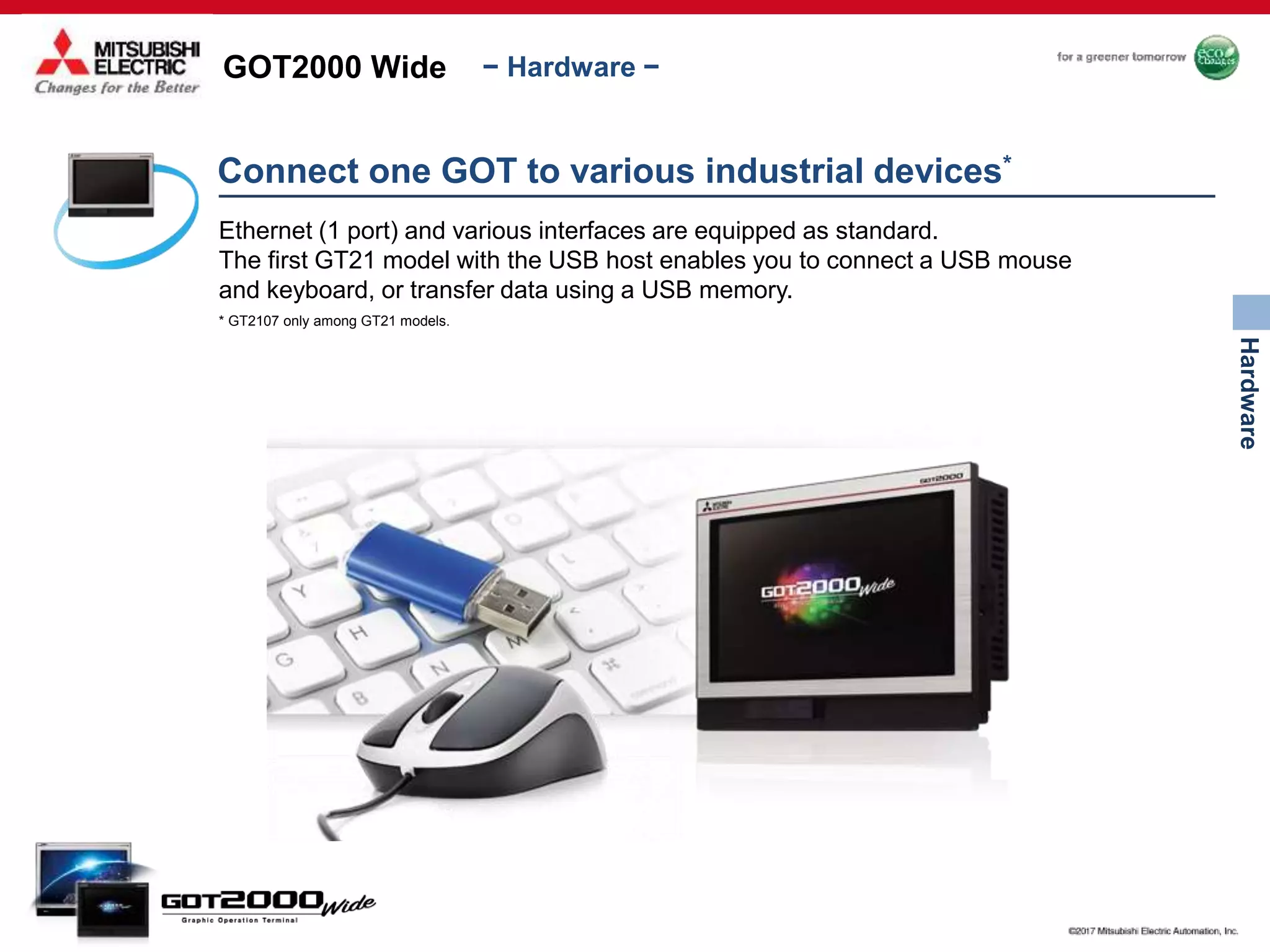 GOT2000 Wide
Hardware
− Hardware −
Connect one GOT to various industrial devices*
Ethernet (1 port) and various interfaces are equipped as standard.
The first GT21 model with the USB host enables you to connect a USB mouse
and keyboard, or transfer data using a USB memory.
* GT2107 only among GT21 models.
 