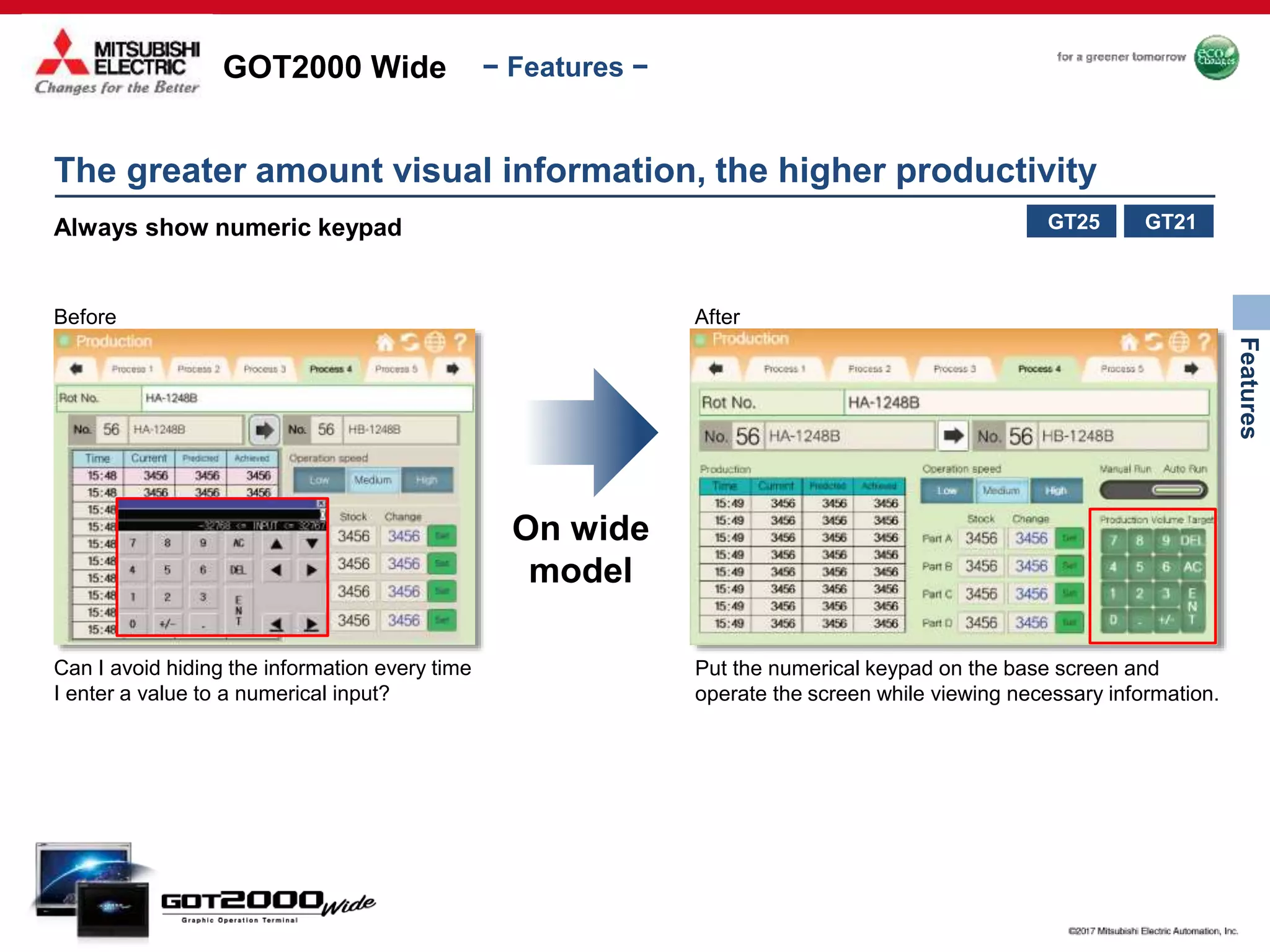 GOT2000 Wide
Features
− Features −
The greater amount visual information, the higher productivity
Always show numeric keypad
Before After
Can I avoid hiding the information every time
I enter a value to a numerical input?
Put the numerical keypad on the base screen and
operate the screen while viewing necessary information.
On wide
model
GT21GT25
 