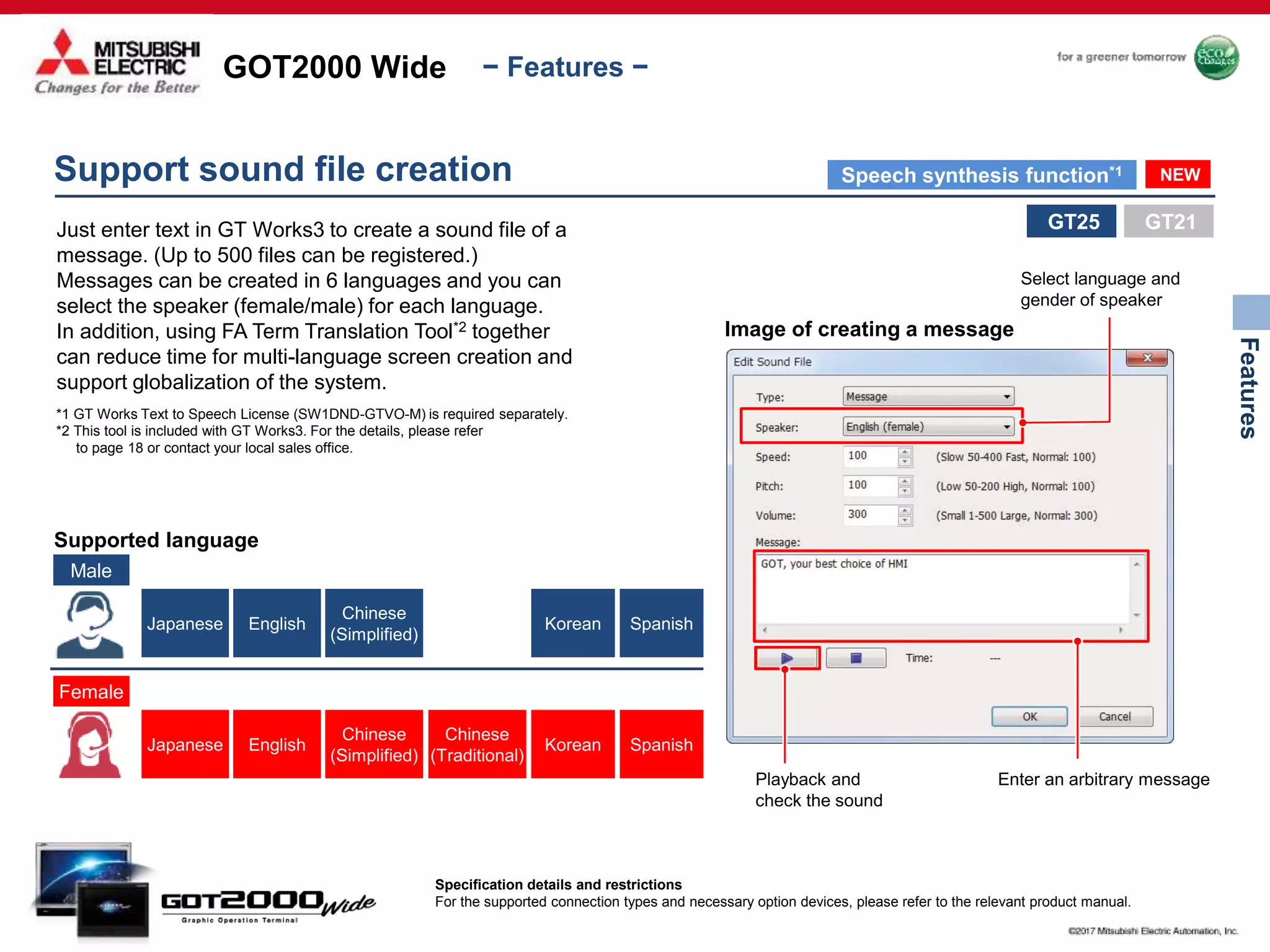 GOT2000 Wide
Features
− Features −
Just enter text in GT Works3 to create a sound file of a
message. (Up to 500 files can be registered.)
Messages can be created in 6 languages and you can
select the speaker (female/male) for each language.
In addition, using FA Term Translation Tool*2 together
can reduce time for multi-language screen creation and
support globalization of the system.
Support sound file creation NEWSpeech synthesis function*1
*1 GT Works Text to Speech License (SW1DND-GTVO-M) is required separately.
*2 This tool is included with GT Works3. For the details, please refer
to page 18 or contact your local sales office.
Supported language
Male
Female
Japanese English
Chinese
(Simplified)
Korean Spanish
Japanese English
Chinese
(Simplified)
Chinese
(Traditional)
Korean Spanish
Image of creating a message
Select language and
gender of speaker
Playback and
check the sound
Enter an arbitrary message
Specification details and restrictions
For the supported connection types and necessary option devices, please refer to the relevant product manual.
GT25 GT21
 