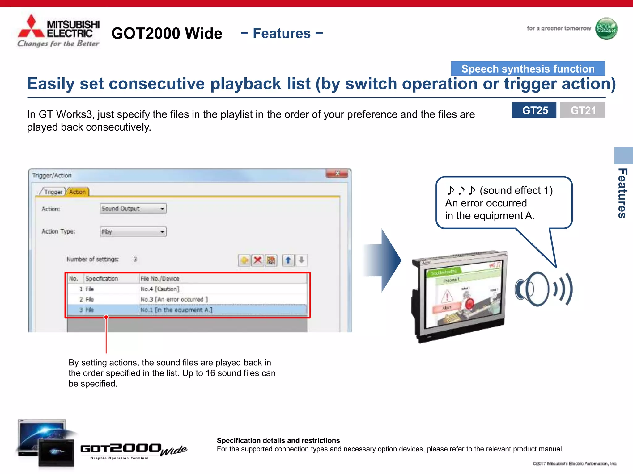 GOT2000 Wide
Features
− Features −
Easily set consecutive playback list (by switch operation or trigger action)
In GT Works3, just specify the files in the playlist in the order of your preference and the files are
played back consecutively.
By setting actions, the sound files are played back in
the order specified in the list. Up to 16 sound files can
be specified.
♪♪♪ (sound effect 1)
An error occurred
in the equipment A.
GT25
Specification details and restrictions
For the supported connection types and necessary option devices, please refer to the relevant product manual.
GT21
Speech synthesis function
 