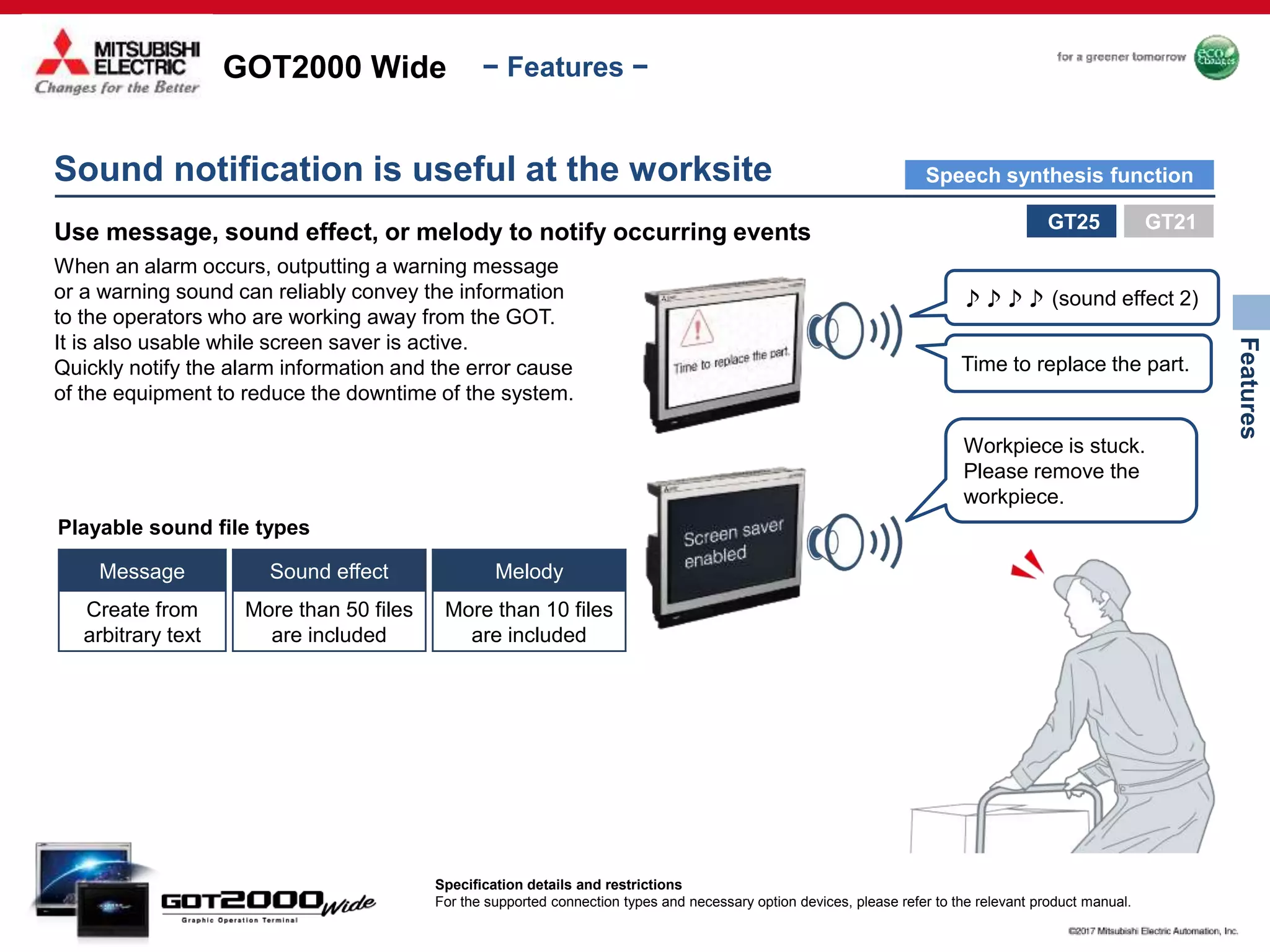 GOT2000 Wide
Features
− Features −
Sound notification is useful at the worksite
Use message, sound effect, or melody to notify occurring events
When an alarm occurs, outputting a warning message
or a warning sound can reliably convey the information
to the operators who are working away from the GOT.
It is also usable while screen saver is active.
Quickly notify the alarm information and the error cause
of the equipment to reduce the downtime of the system.
Playable sound file types
Message
Create from
arbitrary text
Sound effect
More than 50 files
are included
Melody
More than 10 files
are included
♪♪♪♪ (sound effect 2)
Time to replace the part.
Workpiece is stuck.
Please remove the
workpiece.
GT25
Specification details and restrictions
For the supported connection types and necessary option devices, please refer to the relevant product manual.
GT21
Speech synthesis function
 