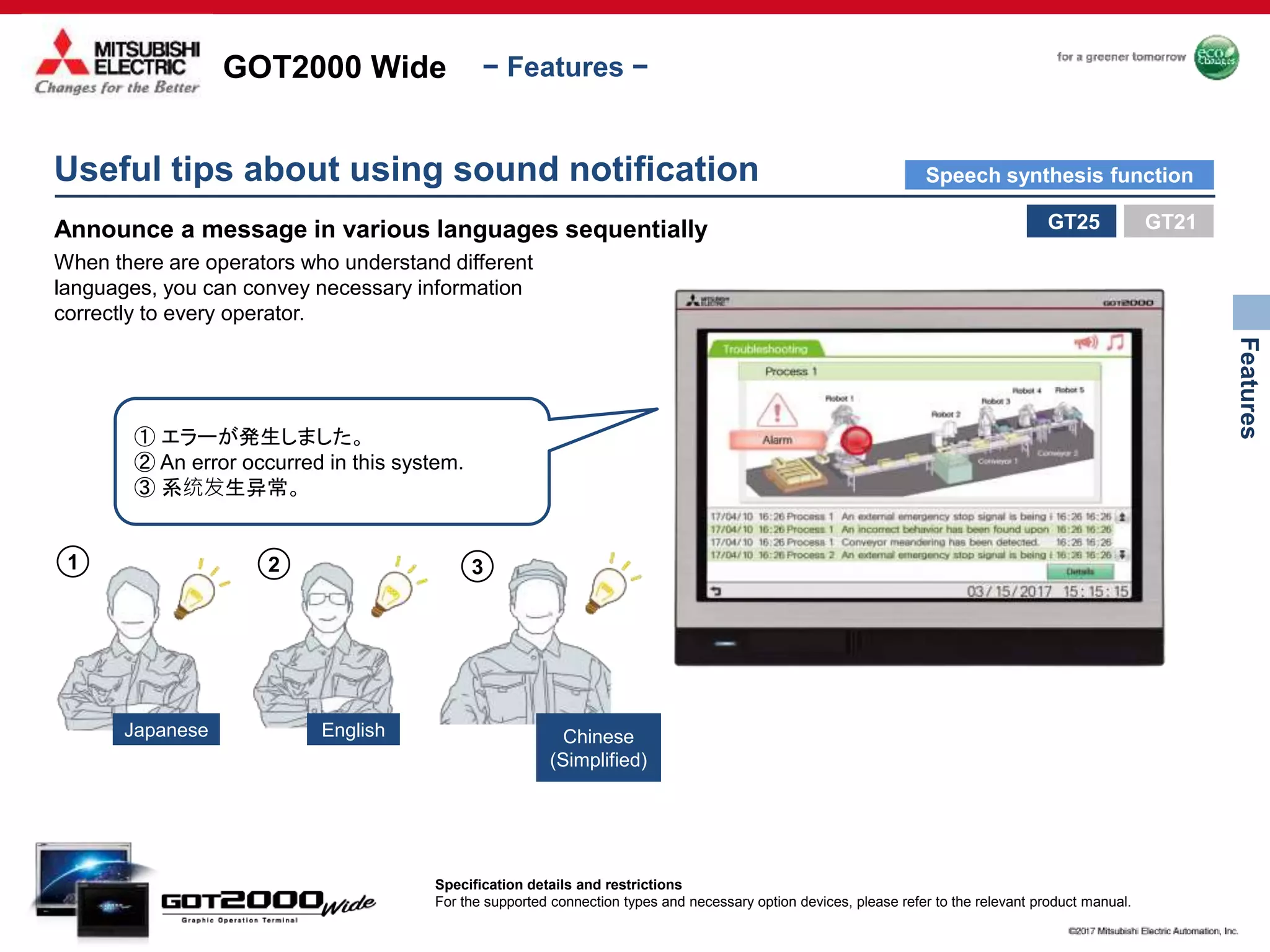 GOT2000 Wide
Features
− Features −
1 2 3
Announce a message in various languages sequentially
When there are operators who understand different
languages, you can convey necessary information
correctly to every operator.
① エラーが発生しました。
② An error occurred in this system.
③ 系统发生异常。
Japanese English Chinese
(Simplified)
Useful tips about using sound notification
GT25
Specification details and restrictions
For the supported connection types and necessary option devices, please refer to the relevant product manual.
GT21
Speech synthesis function
 