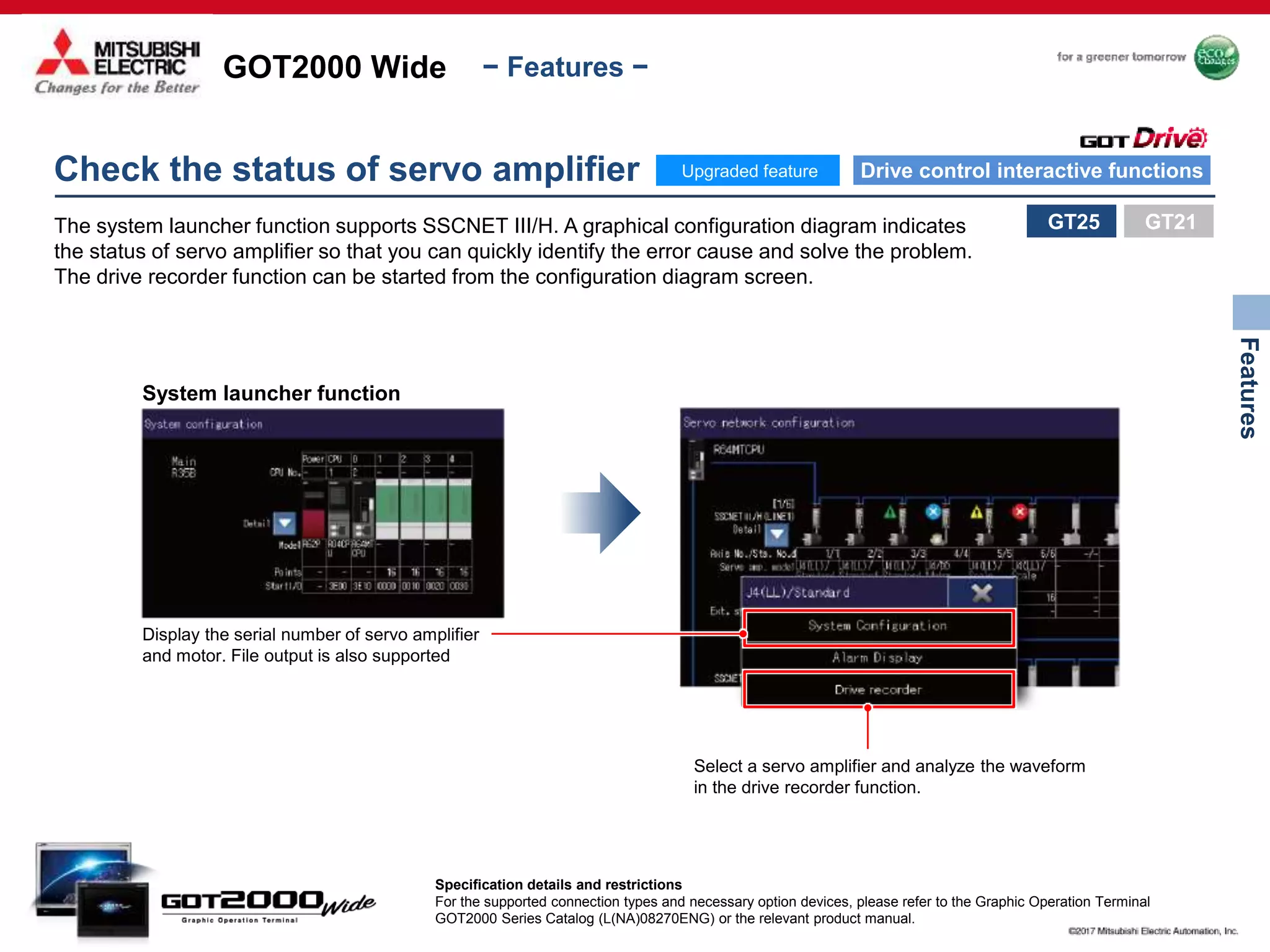 GOT2000 Wide
Features
− Features −
System launcher function
Display the serial number of servo amplifier
and motor. File output is also supported
Select a servo amplifier and analyze the waveform
in the drive recorder function.
Check the status of servo amplifier Drive control interactive functions
The system launcher function supports SSCNET III/H. A graphical configuration diagram indicates
the status of servo amplifier so that you can quickly identify the error cause and solve the problem.
The drive recorder function can be started from the configuration diagram screen.
GT25
Specification details and restrictions
For the supported connection types and necessary option devices, please refer to the Graphic Operation Terminal
GOT2000 Series Catalog (L(NA)08270ENG) or the relevant product manual.
Upgraded feature
GT21
 