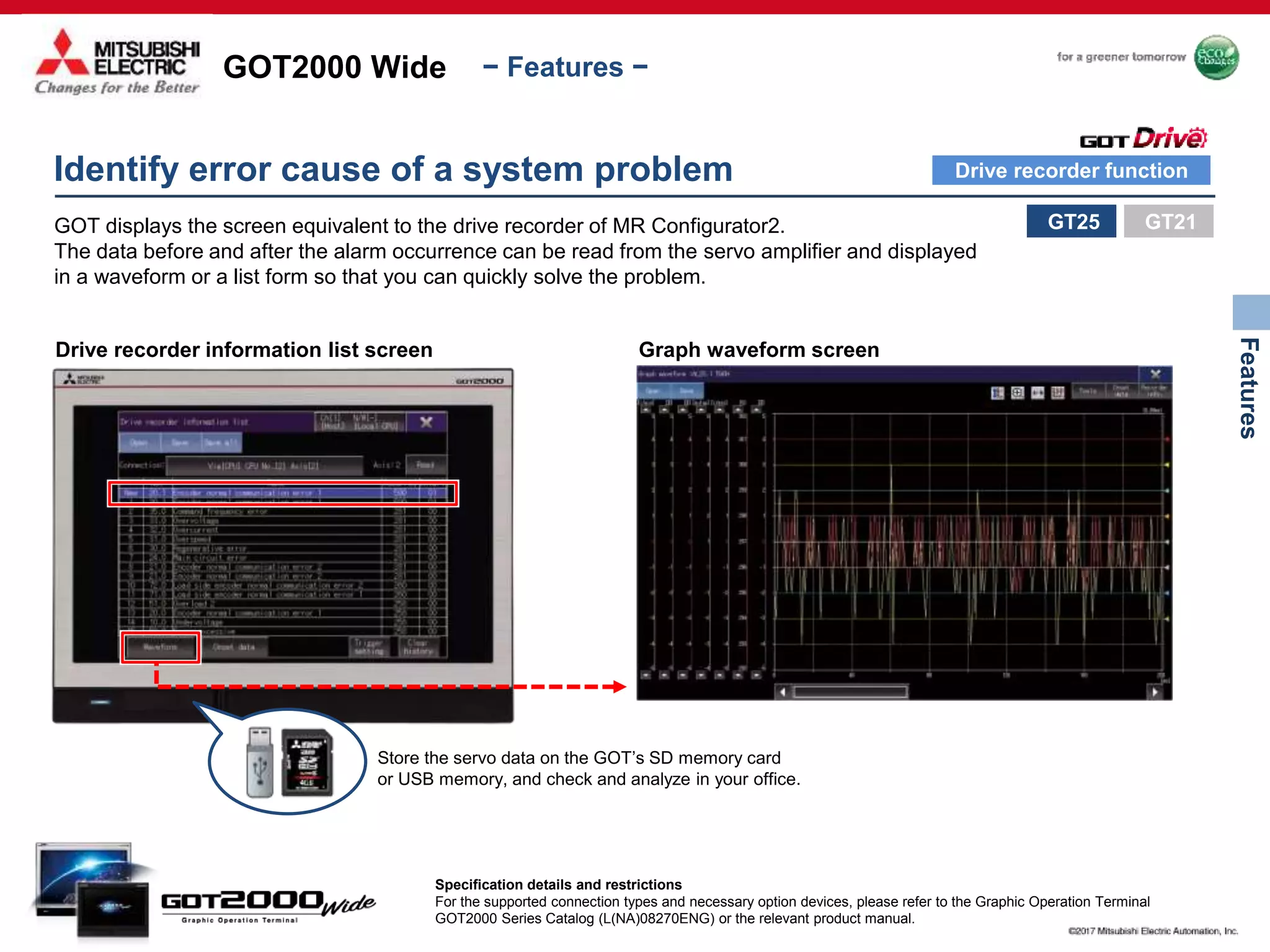 GOT2000 Wide
Features
− Features −
Store the servo data on the GOT’s SD memory card
or USB memory, and check and analyze in your office.
Drive recorder information list screen Graph waveform screen
Identify error cause of a system problem Drive recorder function
GOT displays the screen equivalent to the drive recorder of MR Configurator2.
The data before and after the alarm occurrence can be read from the servo amplifier and displayed
in a waveform or a list form so that you can quickly solve the problem.
GT25
Specification details and restrictions
For the supported connection types and necessary option devices, please refer to the Graphic Operation Terminal
GOT2000 Series Catalog (L(NA)08270ENG) or the relevant product manual.
GT21
 