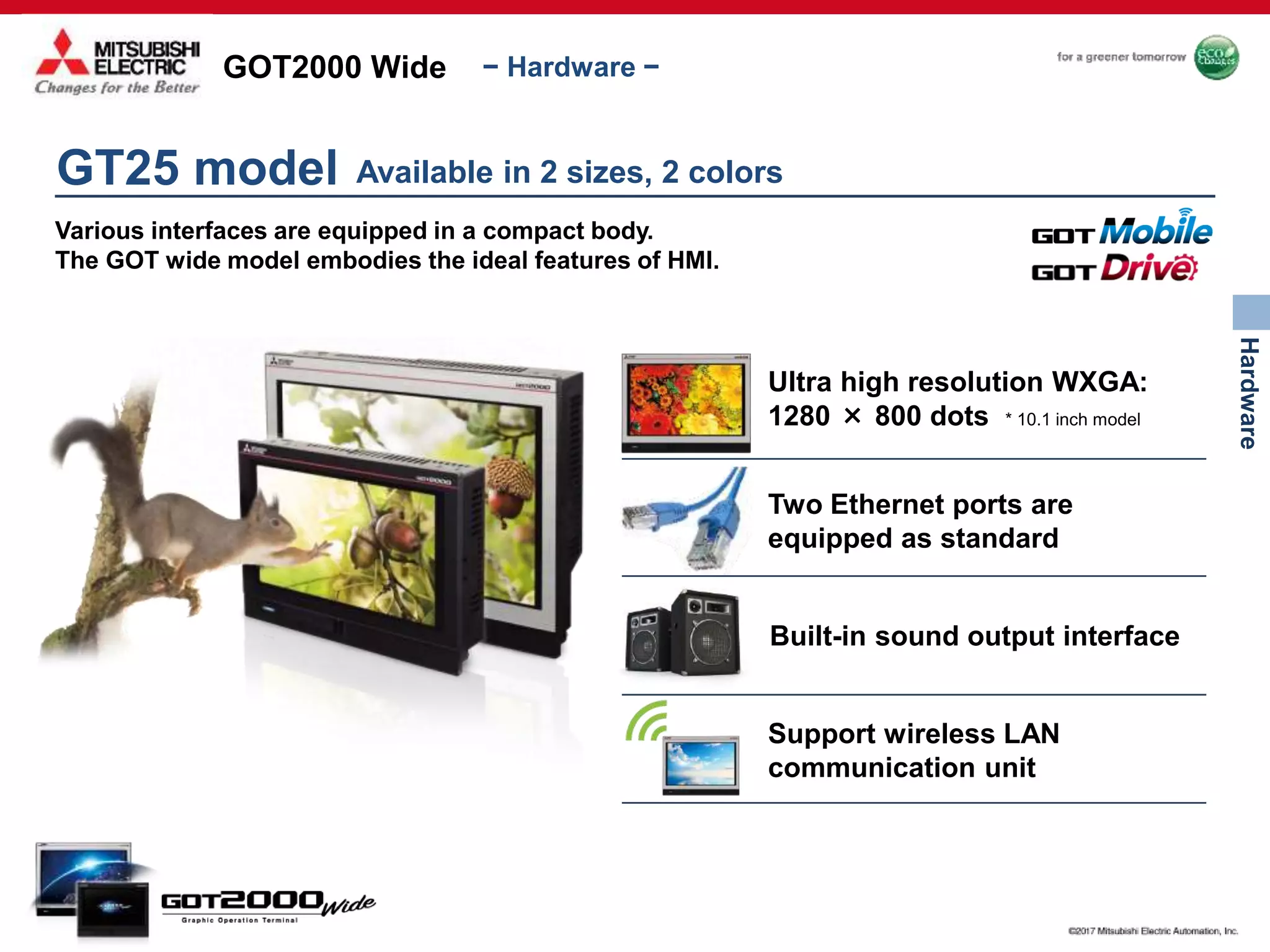 GOT2000 Wide
Hardware
− Hardware −
GT25 model
Various interfaces are equipped in a compact body.
The GOT wide model embodies the ideal features of HMI.
Available in 2 sizes, 2 colors
Ultra high resolution WXGA:
1280 × 800 dots * 10.1 inch model
Two Ethernet ports are
equipped as standard
Built-in sound output interface
Support wireless LAN
communication unit
 