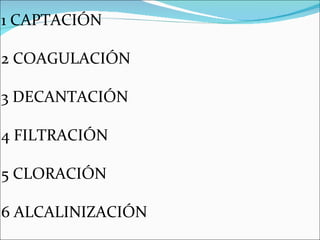 1 CAPTACIÓN 2 COAGULACIÓN 3 DECANTACIÓN 4 FILTRACIÓN 5 CLORACIÓN 6 ALCALINIZACIÓN 
