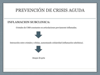 PREVENCIÓN DE CRISIS AGUDA
INFLAMACION SUBCLINICA:
Cristales de UMS constantes en articulaciones previamente inflamadas.
Interacción entre cristales y células, aumentando celularidad (inflamación subclínica).
Ataque de gota
 