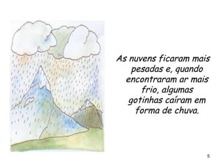 As nuvens ficaram mais pesadas e, quando encontraram ar mais frio, algumas gotinhas caíram em forma de chuva. 