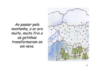 Ao passar pela montanha, o ar era muito, muito frio e as gotinhas transformaram-se em neve. 