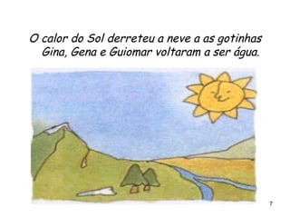 O calor do Sol derreteu a neve a as gotinhas Gina, Gena e Guiomar voltaram a ser água. 