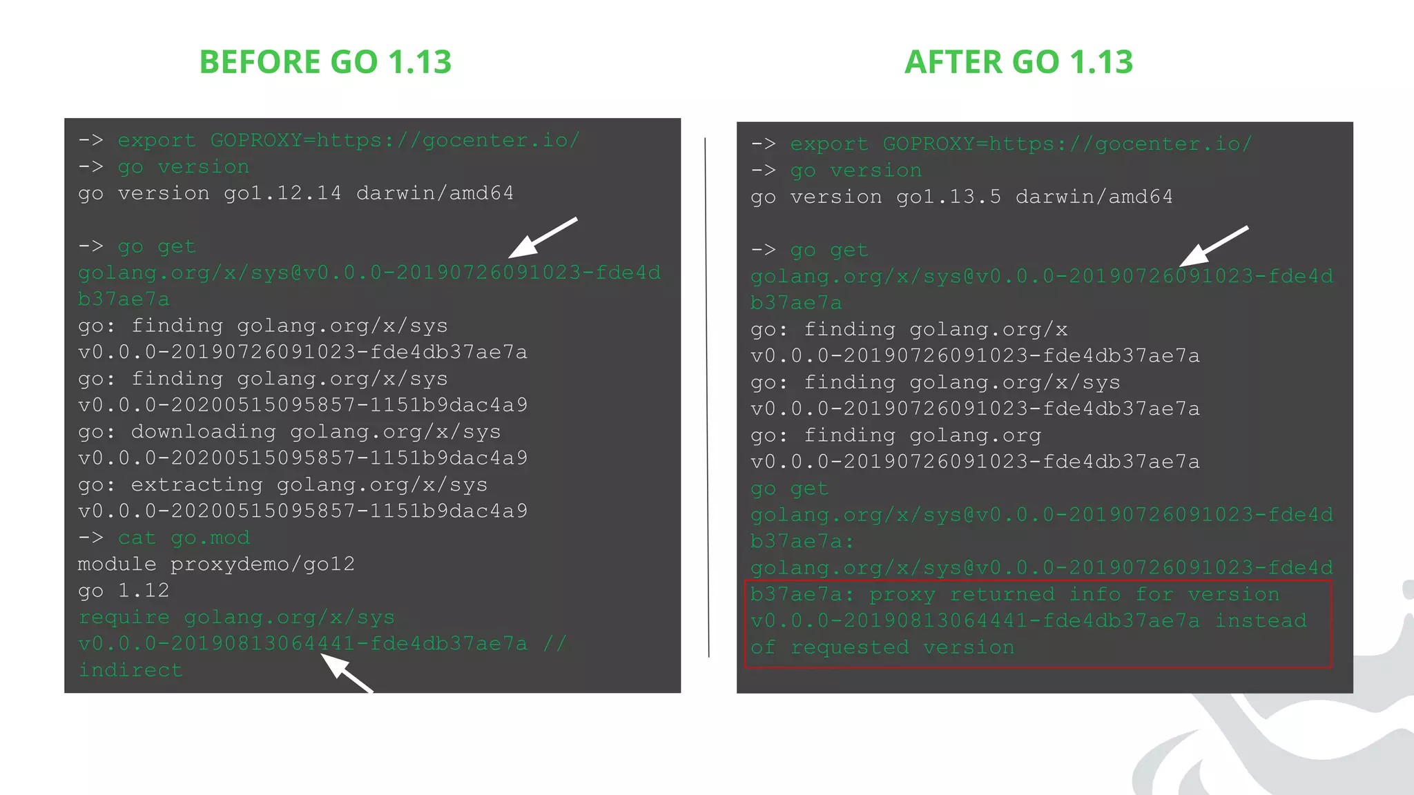 BEFORE GO 1.13 AFTER GO 1.13
-> export GOPROXY=https://gocenter.io/
-> go version
go version go1.13.5 darwin/amd64
-> go get
golang.org/x/sys@v0.0.0-20190726091023-fde4d
b37ae7a
go: finding golang.org/x
v0.0.0-20190726091023-fde4db37ae7a
go: finding golang.org/x/sys
v0.0.0-20190726091023-fde4db37ae7a
go: finding golang.org
v0.0.0-20190726091023-fde4db37ae7a
go get
golang.org/x/sys@v0.0.0-20190726091023-fde4d
b37ae7a:
golang.org/x/sys@v0.0.0-20190726091023-fde4d
b37ae7a: proxy returned info for version
v0.0.0-20190813064441-fde4db37ae7a instead
of requested version
-> export GOPROXY=https://gocenter.io/
-> go version
go version go1.12.14 darwin/amd64
-> go get
golang.org/x/sys@v0.0.0-20190726091023-fde4d
b37ae7a
go: finding golang.org/x/sys
v0.0.0-20190726091023-fde4db37ae7a
go: finding golang.org/x/sys
v0.0.0-20200515095857-1151b9dac4a9
go: downloading golang.org/x/sys
v0.0.0-20200515095857-1151b9dac4a9
go: extracting golang.org/x/sys
v0.0.0-20200515095857-1151b9dac4a9
-> cat go.mod
module proxydemo/go12
go 1.12
require golang.org/x/sys
v0.0.0-20190813064441-fde4db37ae7a //
indirect
 