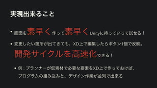 実現出来ること
• 画面を素早く作って素早くUnityに持っていって試せる！


• 変更したい箇所が出てきても、XD上で編集したらボタン1個で反映。
 
開発サイクルを高速化できる！


• 例 : プランナーが仮素材で必要な要素をXD上で作っておけば、
 
プログラムの組み込みと、デザイン作業が並列で出来る
 
