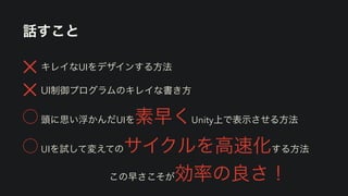 話すこと
✕ キレイなUIをデザインする方法
✕ UI制御プログラムのキレイな書き方


⃝ 頭に思い浮かんだUIを素早くUnity上で表示させる方法


⃝ UIを試して変えてのサイクルを高速化する方法
この早さこそが効率の良さ！
 
