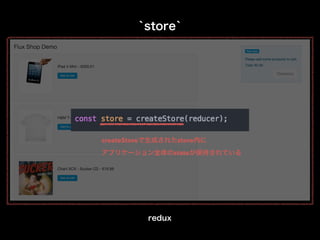`store`
redux
createStoreで生成されたstore内に
アプリケーション全体のstateが保持されている
 
