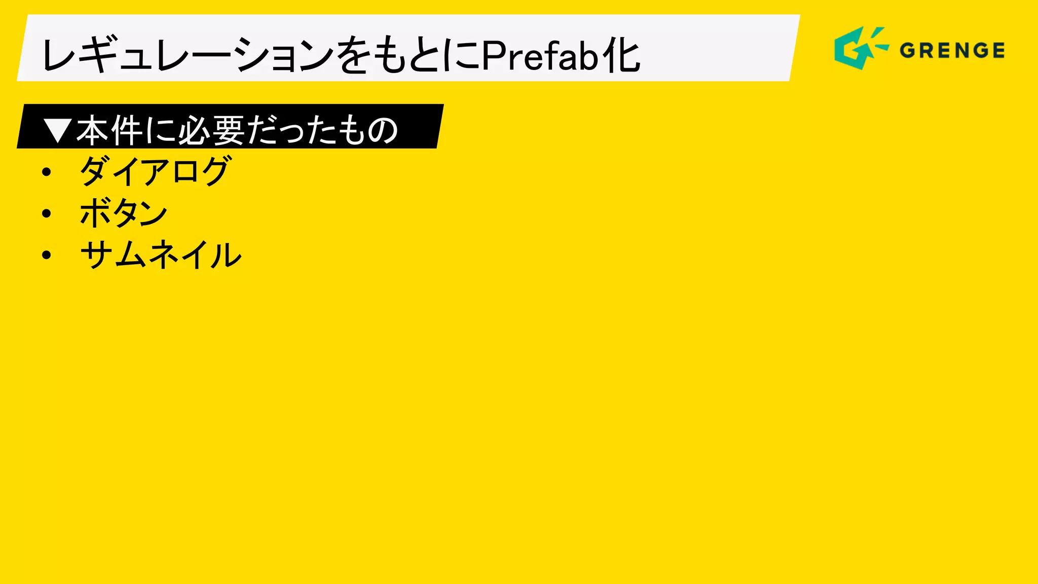 レギュレーションをもとにPrefab化
▼本件に必要だったもの
• ダイアログ
• ボタン
• サムネイル
 