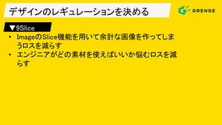 デザインのレギュレーションを決める
▼9Slice
• ImageのSlice機能を用いて余計な画像を作ってしま
うロスを減らす
• エンジニアがどの素材を使えばいいか悩むロスを減
らす
 