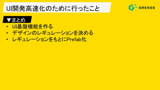 UI開発高速化のために行ったこと
▼まとめ
• UI基盤機能を作る
• デザインのレギュレーションを決める
• レギュレーションをもとにPrefab化
 