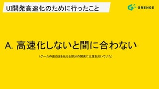 UI開発高速化のために行ったこと
A. 高速化しないと間に合わない
（ゲームの面白さを伝える部分の開発に比重をおいていた）
 