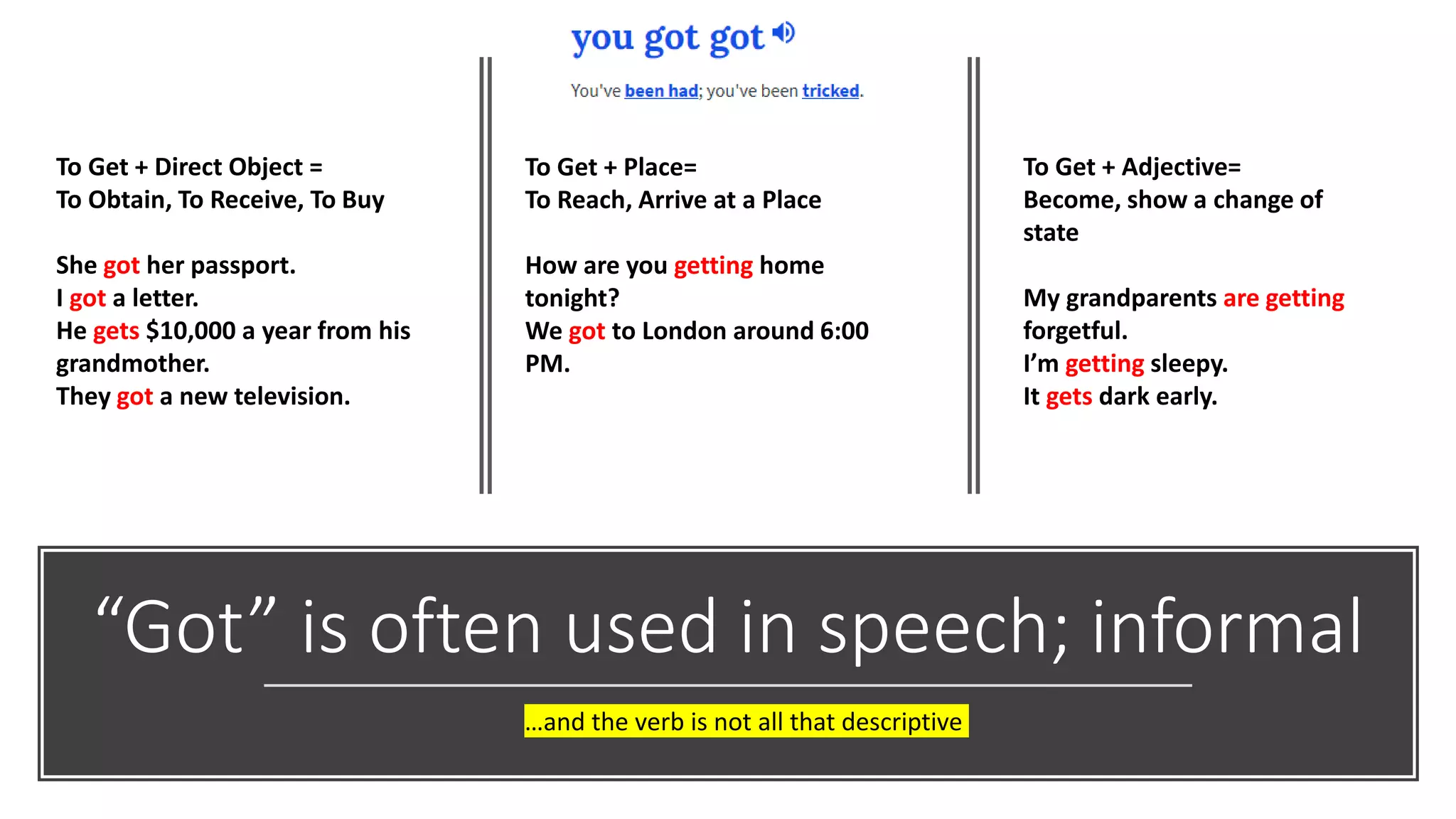 “Got” is often used in speech; informal
To Get + Direct Object =
To Obtain, To Receive, To Buy
She got her passport.
I got a letter.
He gets $10,000 a year from his
grandmother.
They got a new television.
To Get + Place=
To Reach, Arrive at a Place
How are you getting home
tonight?
We got to London around 6:00
PM.
To Get + Adjective=
Become, show a change of
state
My grandparents are getting
forgetful.
I’m getting sleepy.
It gets dark early.
…and the verb is not all that descriptive
 
