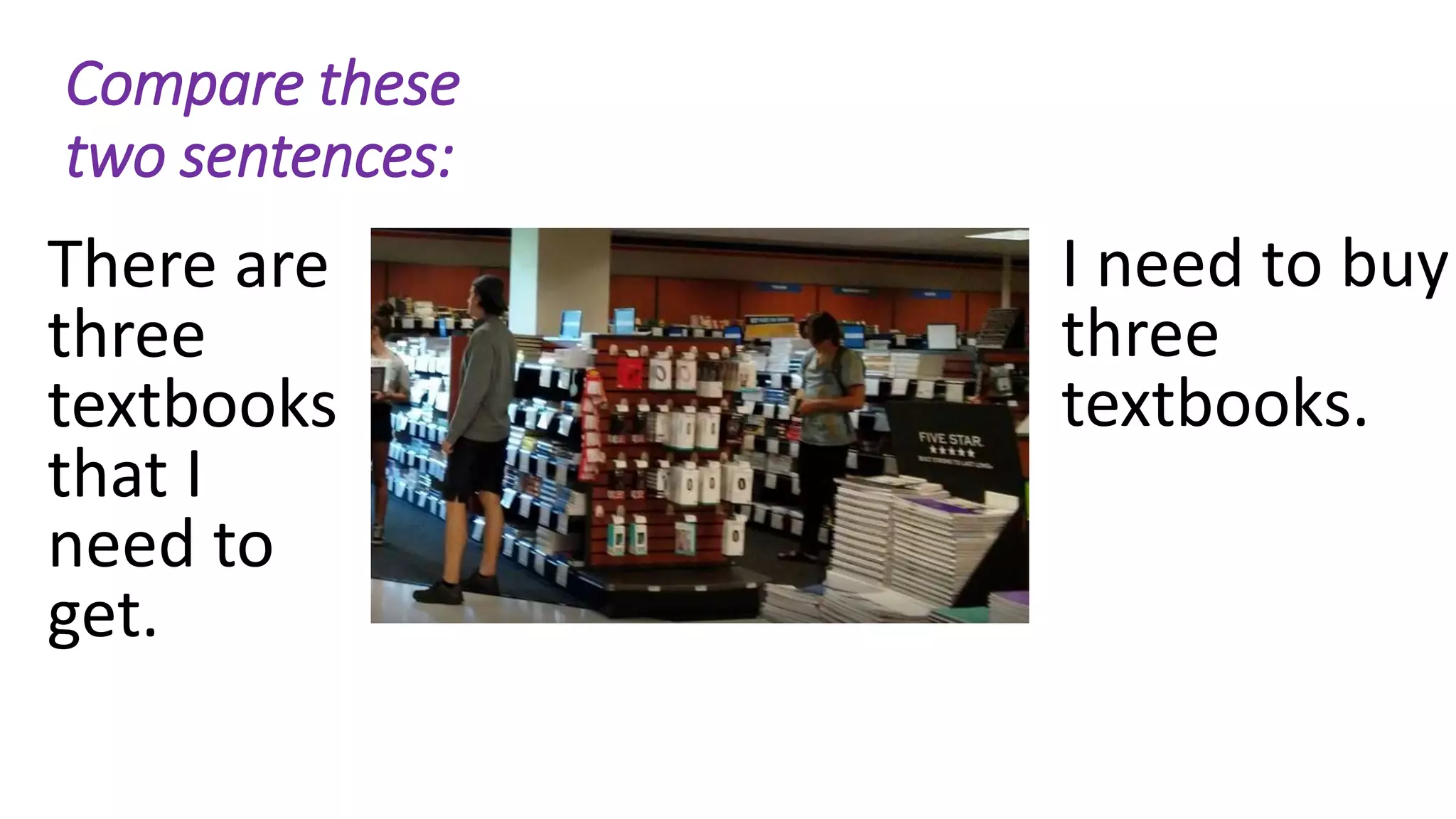 There are
three
textbooks
that I
need to
get.
I need to buy
three
textbooks.
Compare these
two sentences:
 