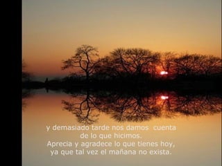 y demasiado tarde nos damos cuenta
de lo que hicimos.
Aprecia y agradece lo que tienes hoy,
ya que tal vez el mañana no exista.
 
