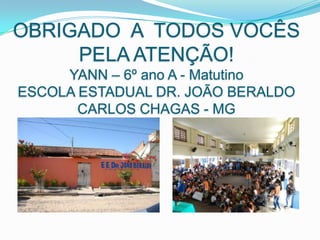 OBRIGADO A TODOS VOCÊS
PELA ATENÇÃO!
YANN – 6º ano A - Matutino
ESCOLA ESTADUAL DR. JOÃO BERALDO
CARLOS CHAGAS - MG

 