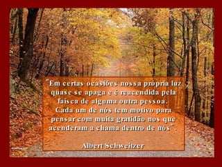 "Em certas ocasiões nossa própria luz quase se apaga e é reacendida pela faísca de alguma outra pessoa.  Cada um de nós tem motivo para pensar com muita gratidão nos que acenderam a chama dentro de nós".  Albert Schweitzer   