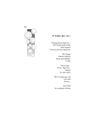 18



        O tempo que voa...


      O tempo passa depressa...
        Oh! Tempo surdo-mudo
                  Tudo surpresa
     Como as pessoas esquecem.

                    Oh! Tempo
              Soturno cocheiro
            Deste carro fúnebre:
                          A vida.

                  Passa logo...
              Passa depressa...
                       Espera!
                 Eu não notei!

          Oh! O tempo que voa
                    sem volta
                     Passou...

                    26/9/1980
          Ao completar 40 anos
 