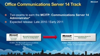 Office Communications Server 14 TrackMicrosoft Communications Server 14, Configuration*Communications Server 14 Administrator*Two exams to earn the MCITP: Communications Server 14 Administrator*Expected release: Late 2010 / Early 201170-664: TS: Microsoft Communications Server 14, Configuring* 70-665: PRO: Microsoft Communications Server 14, Administration*