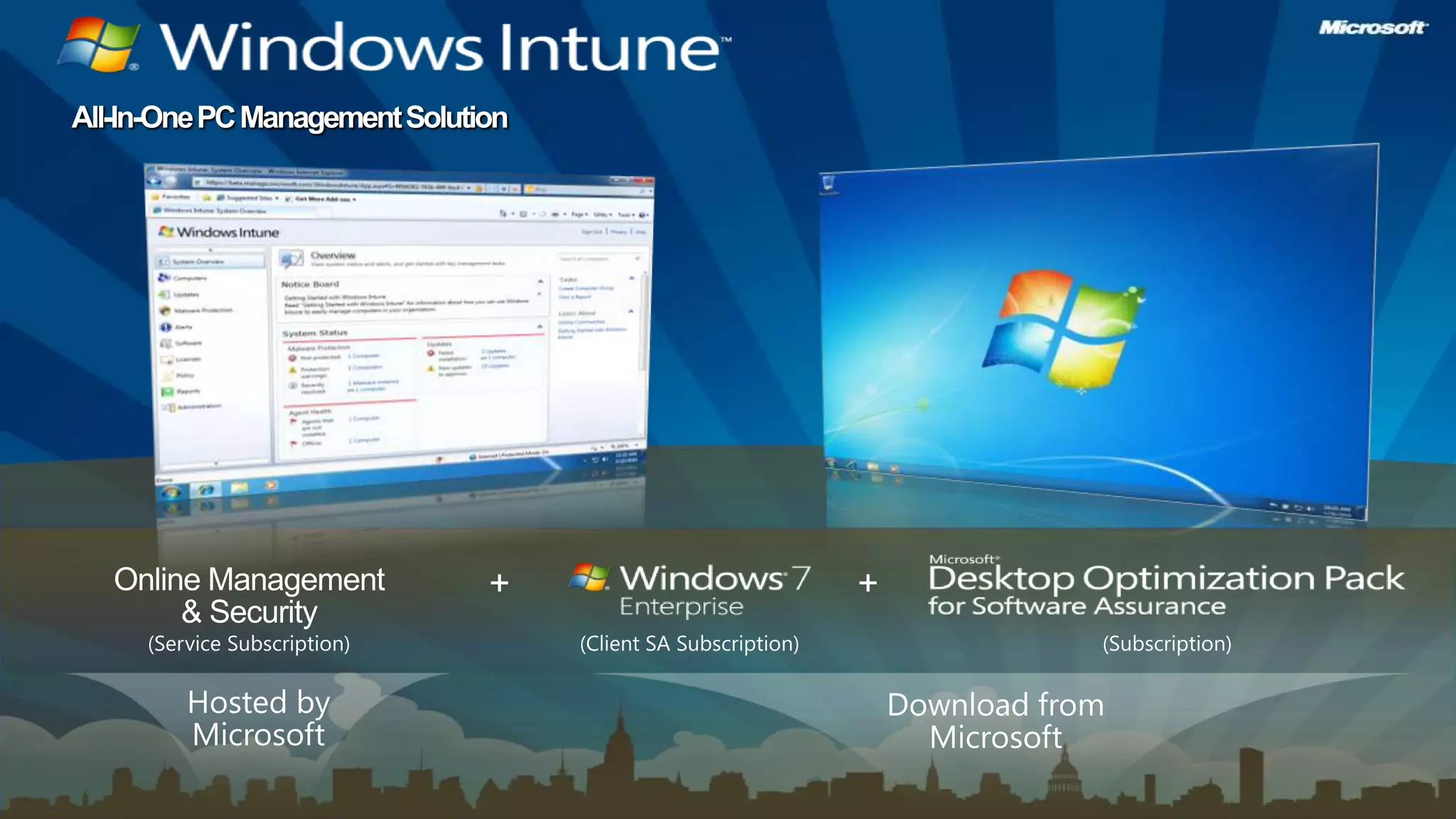 Solution:Cloud services and Windows 7Midmarket Challenges in Managing Business PCsManage & Secure PCs Anywhere(Cloud services)Multiple Configurations, Versions, LicensesWorkers in Many LocationsThe Best Windows  Experience(Standardize OS on Windows 7)Lack of Insight into PCsLarge Infrastructure Investments RequiredFits Your Business(Big result with low investment)