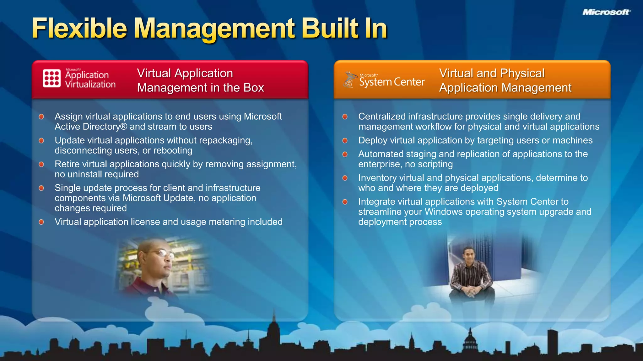Assign virtual applications to end users using Microsoft Active Directory®and stream to usersUpdate virtual applications without repackaging, disconnecting users, or rebootingRetire virtual applications quickly by removing assignment, no uninstall requiredSingle update process for client and infrastructure components via Microsoft Update, no application changes requiredVirtual application license and usage metering includedFlexible Management Built InVirtual Application Management in the BoxVirtual and Physical Application ManagementCentralized infrastructure provides single delivery and management workflow for physical and virtual applications Deploy virtual application by targeting users or machinesAutomated staging and replication of applications to the enterprise, no scriptingInventory virtual and physical applications, determine to who and where they are deployedIntegrate virtual applications with System Center to streamline your Windows operating system upgrade and deployment process